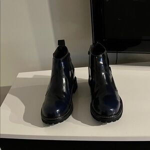 Calto Men High Top Patent Leather Chelsea Navy Ankle Boots Zipper Closure.